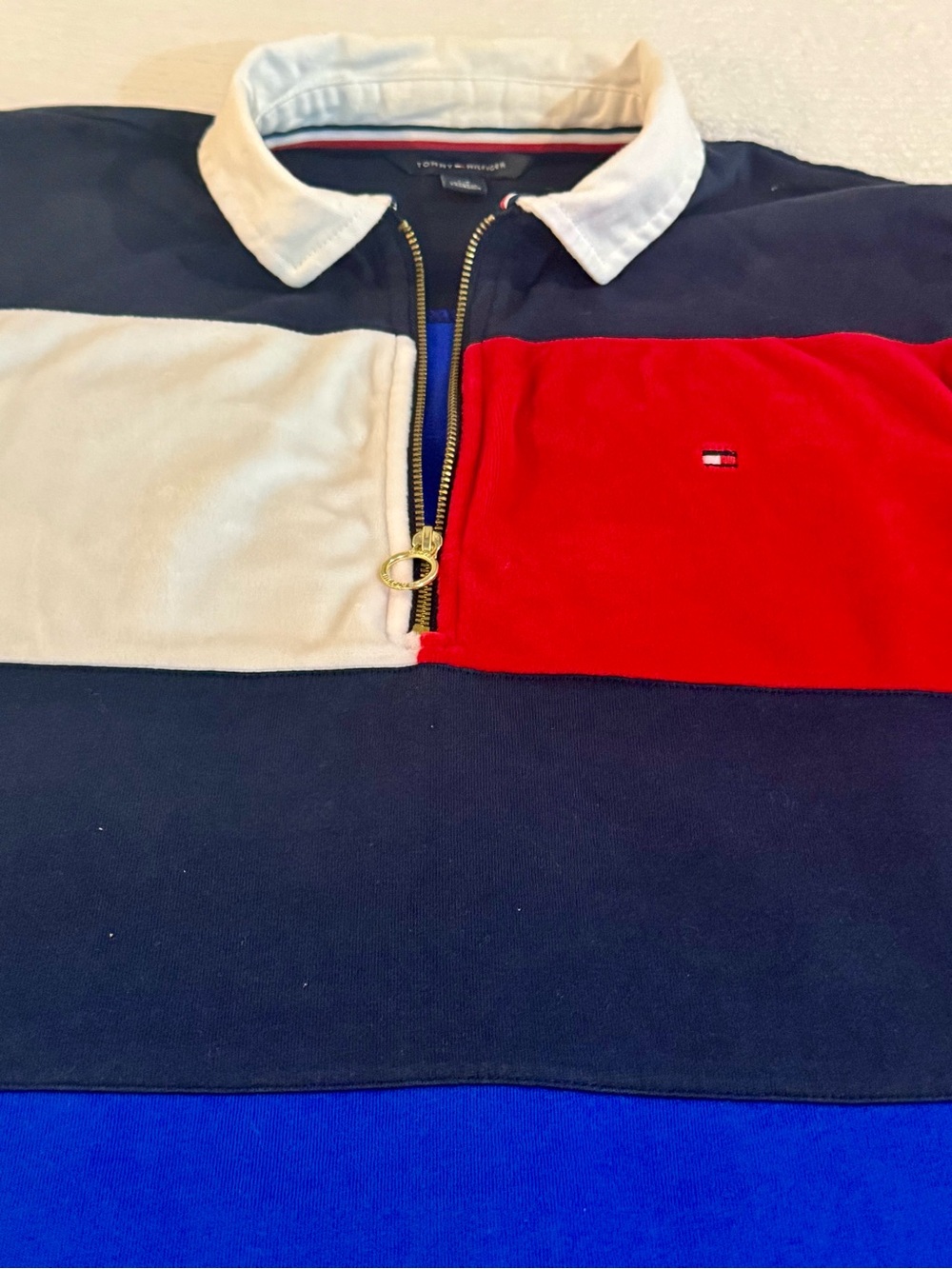 Tommy Hilfiger Colorblock Quart Xip Velour Top - Navy/Red/Cream/Blue